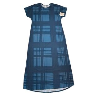 LuLaRoe Womens Dress Size 2XL Maria Maxi Blue Plaid Short Sleeve Scuba NEW